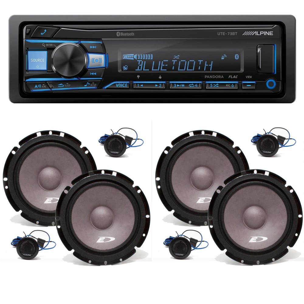 Alpine UTE-73BT Single-DIN Bluetooth Receiver & A Pair of Midwoofer & Tweeter SXE-1751S 6.5" Component Speaker Bundle  Complete Car Audio System