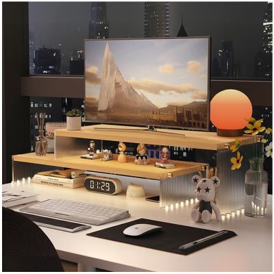 Adjustable Monitor Stand Riser with Acrylic Legs19.3" Length Dual Monitor Stand for Desk2-Tier Wood Desktop Organizer for Computer, Laptop, Printer & PC Modern Aesthetic Desk Shelf(wood-wavy)