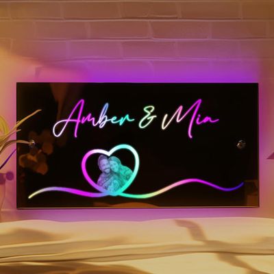Drawelry Personalized Name Mirror LED Light - Custom Photo Date Light Up Neon Signs Livingroom Bedroom Wall Decor - Custom Photo
