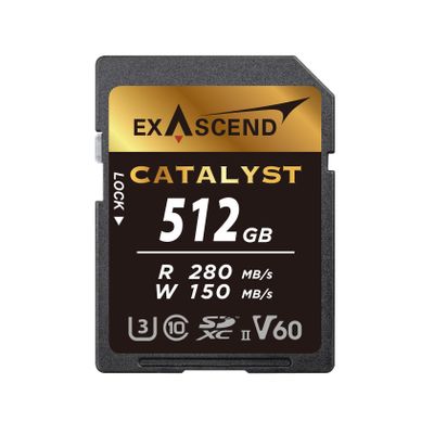 Exascend Catalyst SD Card, C10, U3, V60, up to 280MB/s, Compatible with Canon, Nikon, Panasonic and Other Cameras. (512GB)