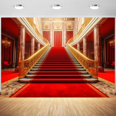 10x6.5ft Red Carpet Backdrop Golden Palace Gorgeous European Hall Photography Background Birthday Red Carpet Event Party Movie Night Banner Decorations Supplies Photo Booth Props