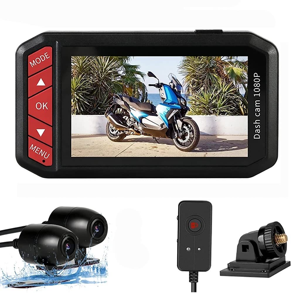 ArhaR Motorcycle Dash Camera, Dual 1080P Waterproof Motorbike Recording Dash Cam, Built-in WiFi, G-Sensor, Wired Control, Night Vision Loop Recording, Max 64G