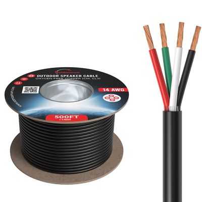 Cables Direct Online 500FT 14AWG Outdoor Speaker Cable Oxygen Free Copper 4-Conductors, Direct Burial, Weather Resistant, UV CL3 CM Rated, OFC Strands Low Voltage, Drum