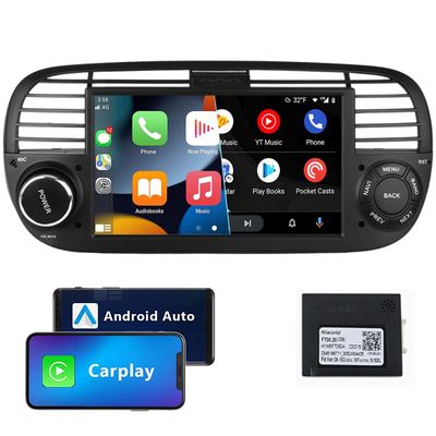 7" Android Car Stereo Multimedia Player Compatible for Fiat 500 2007-2014 with Wireless Android Auto Carplay GPS Sat Nav WiFi BT USB SWC RCA FM RDS Mirror Link Black