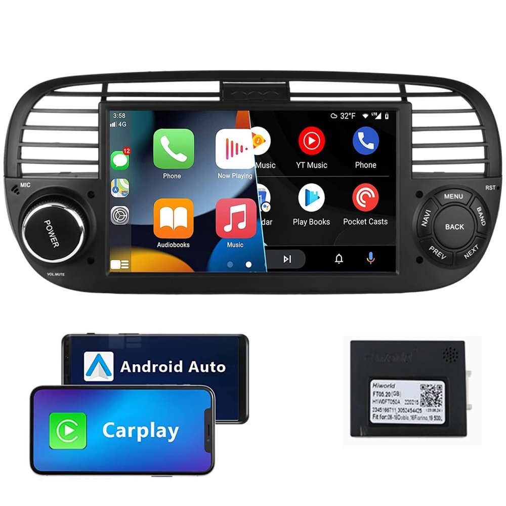 7" Android Car Stereo Multimedia Player Compatible for Fiat 500 2007-2014 with Wireless Android Auto Carplay GPS Sat Nav WiFi BT USB SWC RCA FM RDS Mirror Link Black