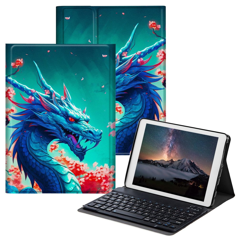 BPQOJB Case for All-New Fire HD 10 Tablet & Fire HD 10 Plus (11th Generation, 2021 Release) 10.1" with Detachable Wireless Keyboard & Adjustable Stand Protect Tablet Case - Cherry Blossom Blue Dragon