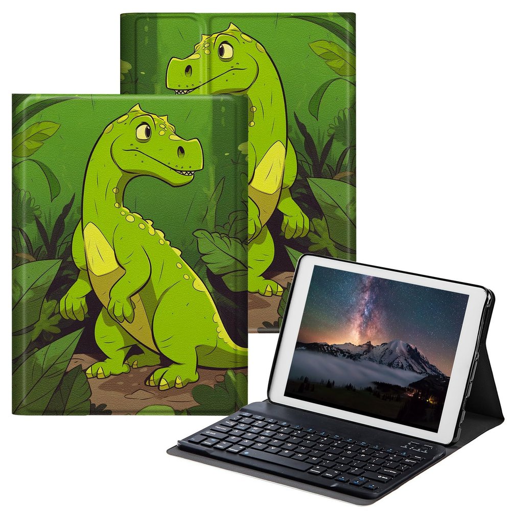 BPQOJB Case for All-New Fire HD 10 Tablet & Fire HD 10 Plus (11th Generation, 2021 Release) 10.1" with Detachable Wireless Keyboard & Adjustable Stand Protect Tablet Case - Little Green Dinosaur
