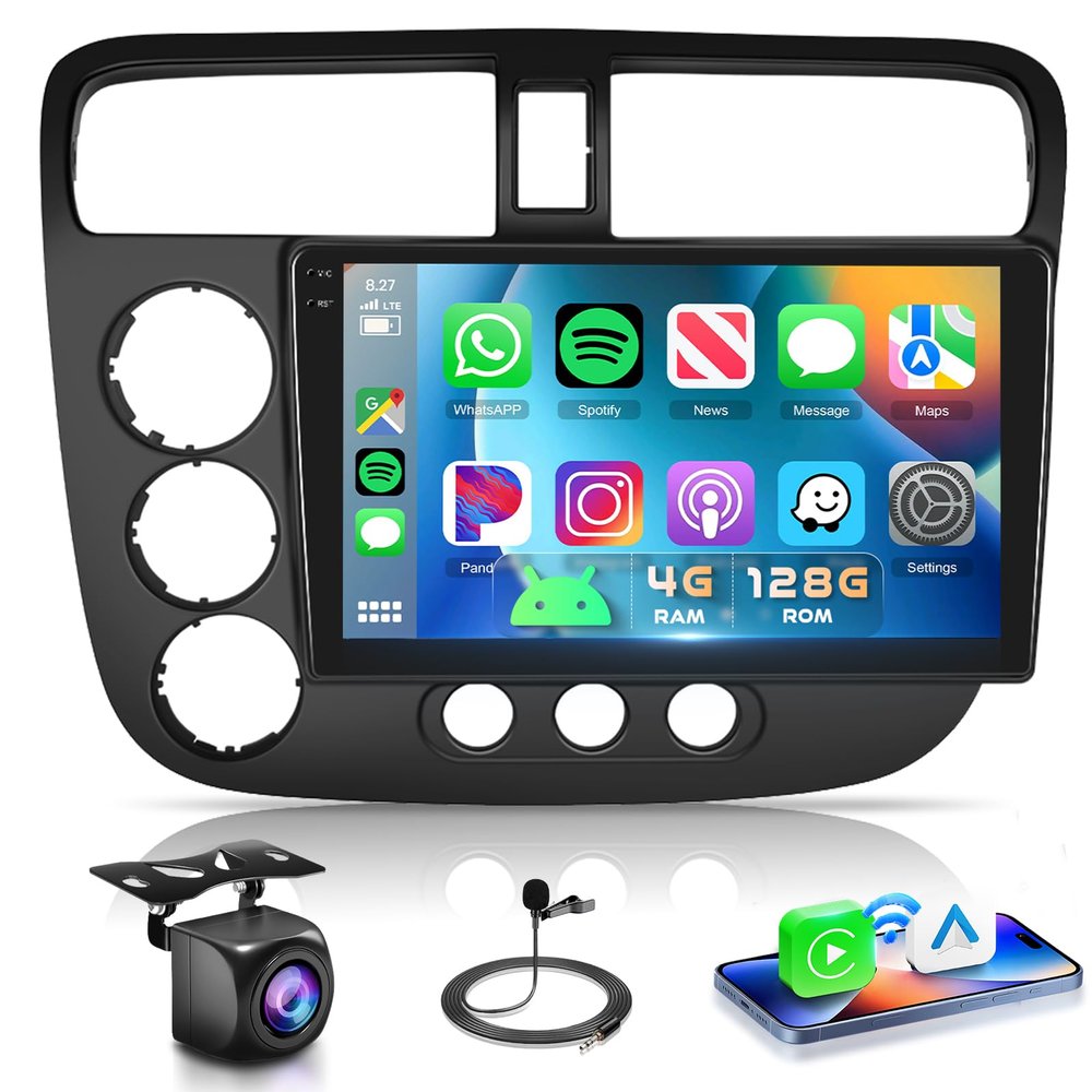 4G+128G Car Radio for Honda Civic 2001-2005 Stereo 9 inch in-Cell Screen Full Touchscreen Wireless CarPlay/Android Auto Android 15 Bluetooth DSP FM/RDS GPS WiFi SWC AHD Backup Camera