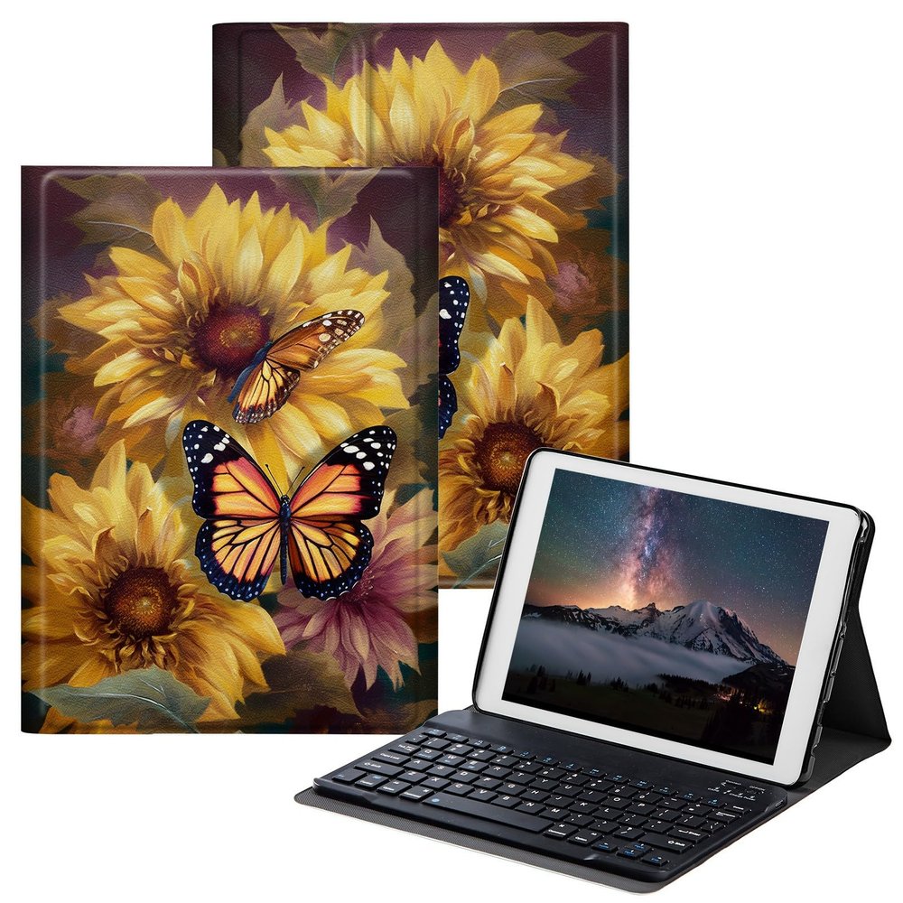 BPQOJB Case for All-New Fire HD 10 Tablet & Fire HD 10 Plus (11th Generation, 2021 Release) 10.1" with Detachable Wireless Keyboard & Adjustable Stand Protect Tablet Case - Butterflies and Sunflowers