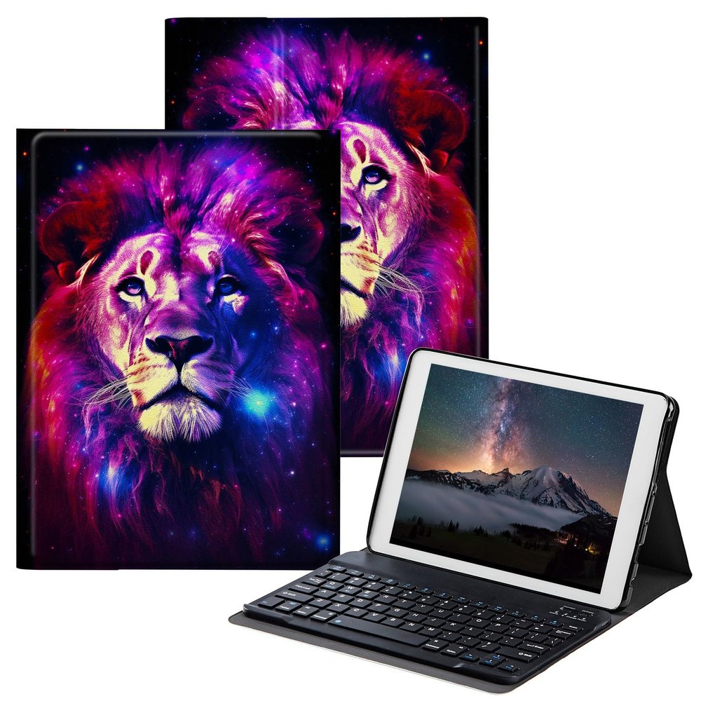 BPQOJB Case for All-New Fire HD 10 Tablet & Fire HD 10 Plus (11th Generation, 2021 Release) 10.1" with Detachable Wireless Keyboard & Adjustable Stand Protect Tablet Case - Cute Galaxy Lion