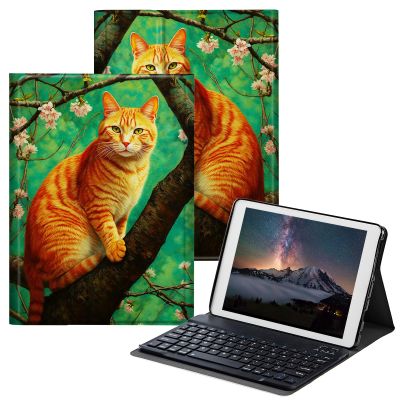 BPQOJB Case for All-New Fire HD 10 Tablet & Fire HD 10 Plus (11th Generation, 2021 Release) 10.1" with Detachable Wireless Keyboard & Adjustable Stand Protect Tablet Case - Cat On Cherry Blossom Tree