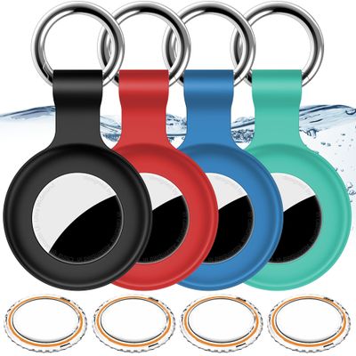 4Pack,for Apple Airtag Holder Case with Keychain,IPX8 Waterproof,Shockproof GPS Air Tag Tracker Cover [Anti-Scratch] [PC+Silicone] for Item Finders Case for Pets,Kids,Luggages-Black/Blue/Green/Red