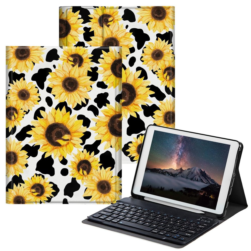 for iPad (A16) 11th Generation Case 11 inch 2025 for iPad 10th Generation Case 10.9 inch 2022 with Detachable Wireless Keyboard & Adjustable Stand Protect Tablet Cover - Sunflower Cow Print