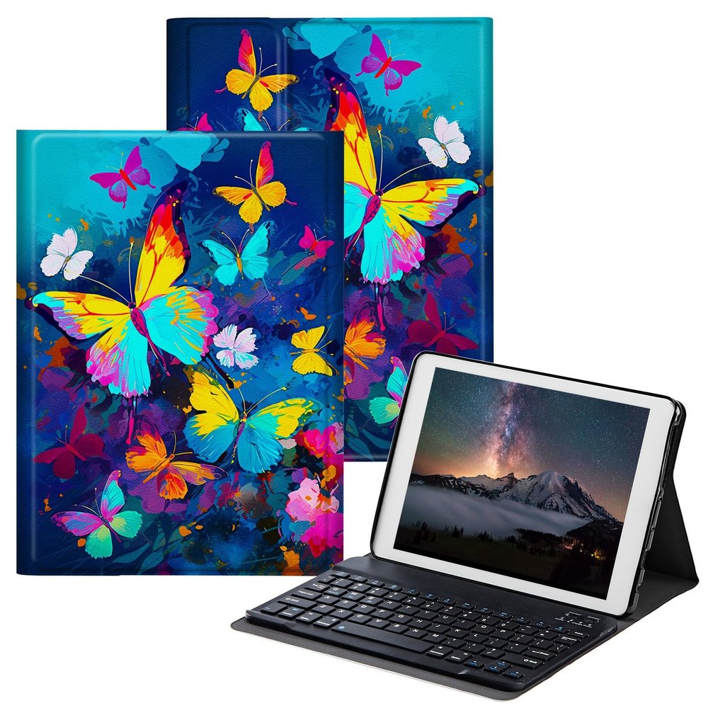 BPQOJB Case for Fire HD 8 & Fire HD 8 Plus Tablet (12th/10th Generation,2022/2020 Release) 8" with Detachable Wireless Keyboard & Adjustable Stand Protect Tablet Case - Watercolor Butterflies Flying