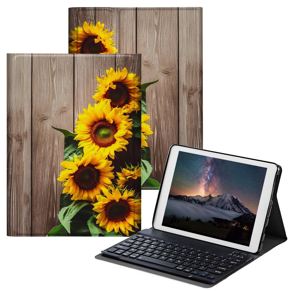 BPQOJB Case for All-New Fire HD 10 Tablet & Fire HD 10 Plus (11th Generation, 2021 Release) 10.1" with Detachable Wireless Keyboard & Adjustable Stand Protect Tablet Case - Sunflowers on The Wood