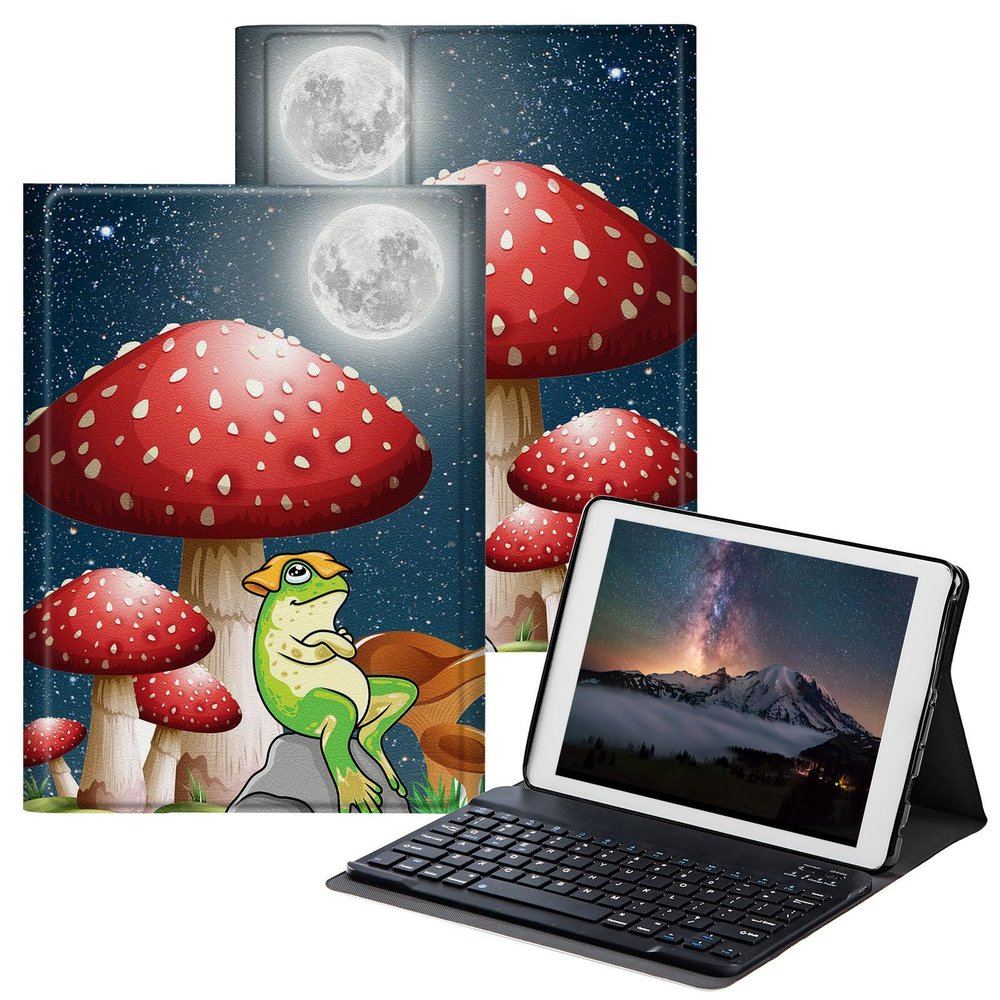 BPQOJB for Samsung Galaxy Tab S6 Lite Case 2022/2020 with Detachable Wireless Keyboard & Adjustable Stand Protect Tablet Case for Samsung Galaxy Tab S6 Lite 10.4 inch - Mushroom Frog Moon