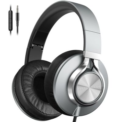 AILIHEN C90 Wired Headphones with Microphone Volume Control, Noise Reduction Foldable Comfortable Over Ear Headphones Wired Durable Nylon 3.5mm Jacket for Tablet/Chromebook/Computer/Adult/Teens(Grey)