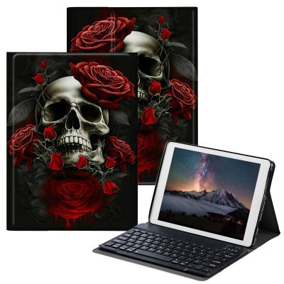 BPQOJB Case for Fire HD 8 & Fire HD 8 Plus Tablet (12th/10th Generation,2022/2020 Release) 8" with Detachable Wireless Keyboard & Adjustable Stand Protect Tablet Case - Red Rose Skull