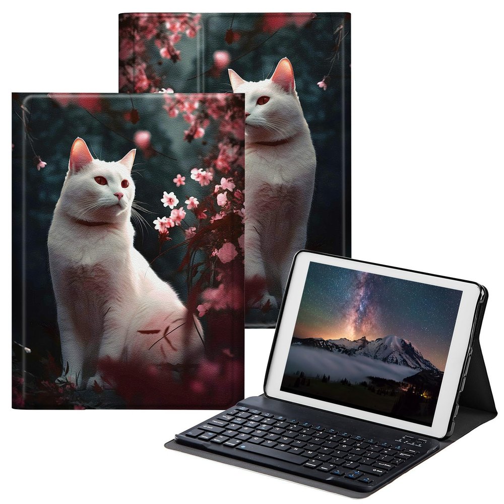 BPQOJB for Fire Max 11 Case for Fire Max 11 Tablet Case (13th Generation, 2023 Release) 11" with Detachable Wireless Keyboard & Adjustable Stand Protect Tablet Cover - Cherry Blossom Tree White Cat