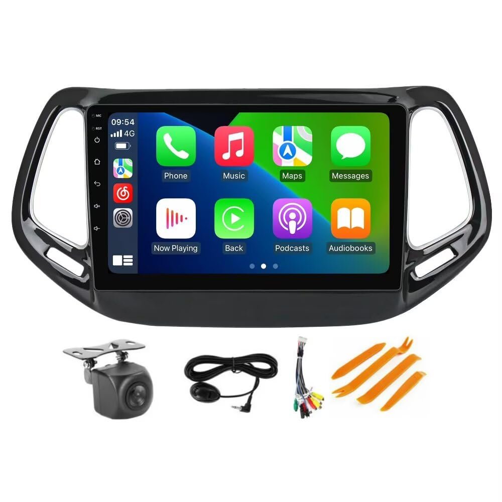 4+64GB 8-Core 10" Car Radio Stereo for Jeep Compass 2017-2020 Dash Kit, Android 13 GPS Navigation Multimedia Player with Car-Play Android Auto/Rear View