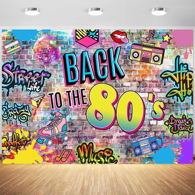 15x8ft 80s Backdrop Hip Hop Graffiti Brick Wall Retro Radio Fashion Photography Background Back to The 80s Themed Party Banner Decorations Supplies Photo Booth Props