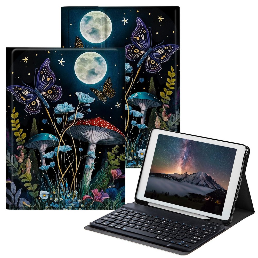 BPQOJB for iPad 9th Generation Case with Keyboard for iPad 8th/7th Generation Case 10.2 inch with Detachable Wireless Keyboard & Adjustable Stand Protect Tablet Cover - Mushroom Butterfly Moon