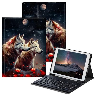 BPQOJB for iPad 9th Generation Case with Keyboard for iPad 8th/7th Generation Case 10.2 inch with Detachable Wireless Keyboard & Adjustable Stand Protect Tablet Cover - Red Flower Wolf Moon
