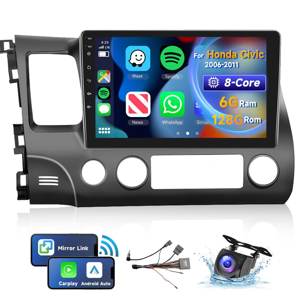 [8 CORE 6G+128G] for Honda Civic Car Stereo 2006-2011 with Wireless Carplay/Android Auto, 10.1 Inch Android 13 IPS Touch Screen Car Radio, Bluetooth, GPS Navi, WiFi, SWC, DSP + Backup Camera