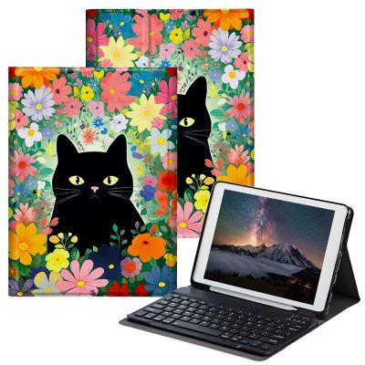BPQOJB for iPad 9th Generation Case with Keyboard for iPad 8th/7th Generation Case 10.2 inch with Detachable Wireless Keyboard & Adjustable Stand Protect Tablet Cover - Colorful Flowers and Cat