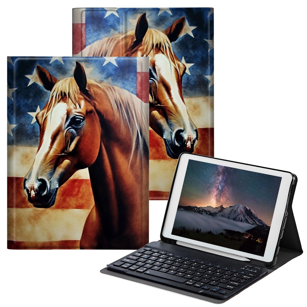 BPQOJB for iPad 9th Generation Case with Keyboard for iPad 8th/7th Generation Case 10.2 inch with Detachable Wireless Keyboard & Adjustable Stand Protect Tablet Cover - American Flag Horse
