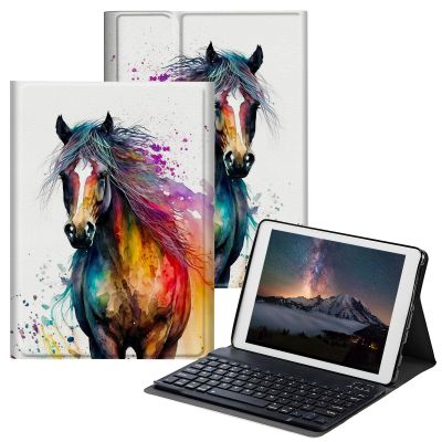 BPQOJB for Samsung Galaxy Tab A SM-T510 Case with Detachable Wireless Keyboard & Adjustable Stand Protect Cover Tablet Case for Samsung Galaxy Tab A 10.1 inch 2019 - Watercolor Horse