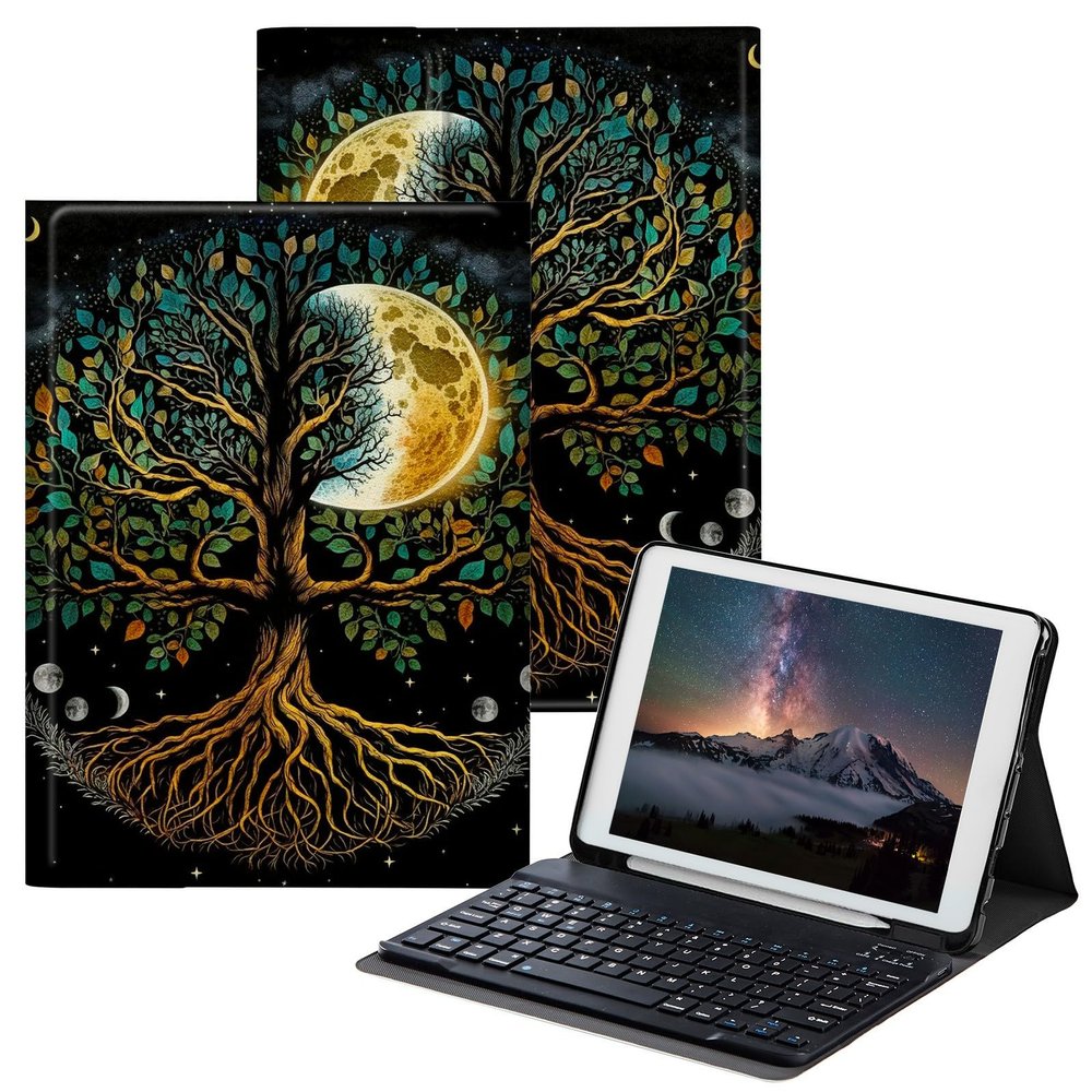 BPQOJB for iPad 9th Generation Case with Keyboard for iPad 8th/7th Generation Case 10.2 inch with Detachable Wireless Keyboard & Adjustable Stand Protect Tablet Cover - Tree Moon