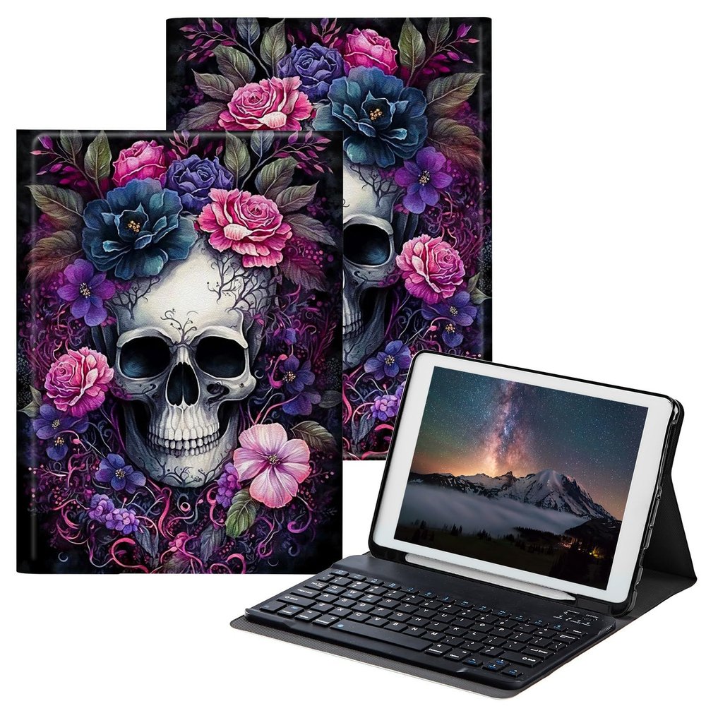 BPQOJB for iPad 9th Generation Case with Keyboard for iPad 8th/7th Generation Case 10.2 inch with Detachable Wireless Keyboard & Adjustable Stand Protect Tablet Cover - Skull Flower