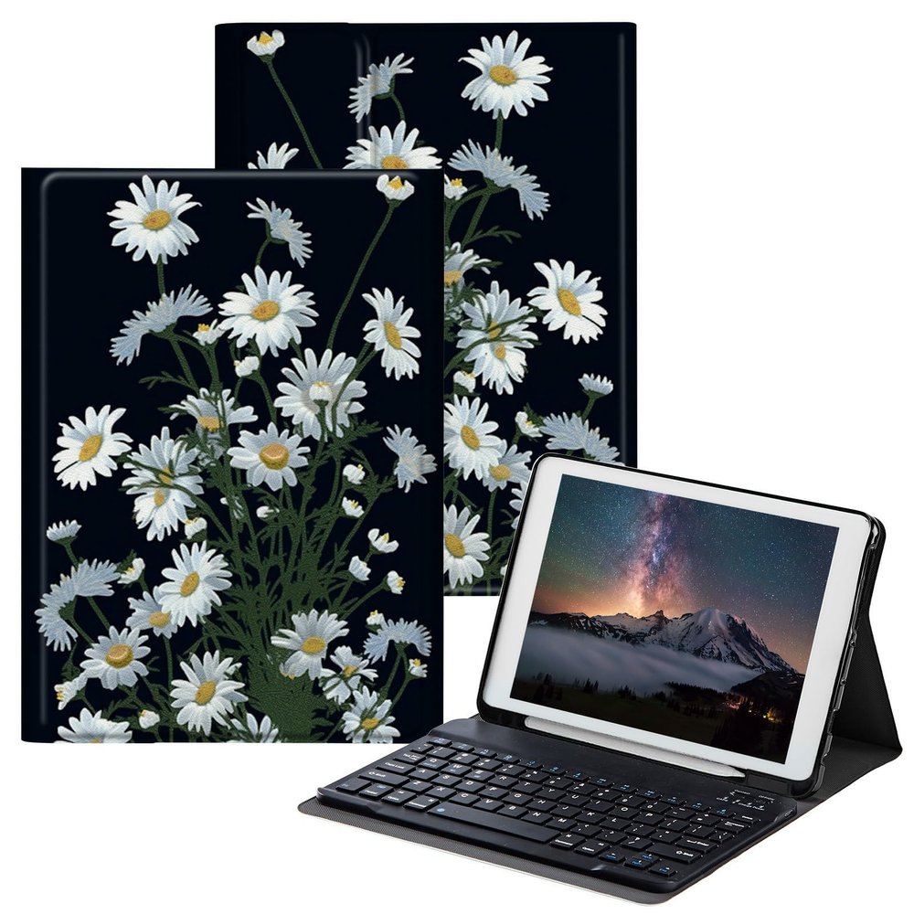 BPQOJB for iPad 9th Generation Case with Keyboard for iPad 8th/7th Generation Case 10.2 inch with Detachable Wireless Keyboard & Adjustable Stand Protect Tablet Cover - White Flowers