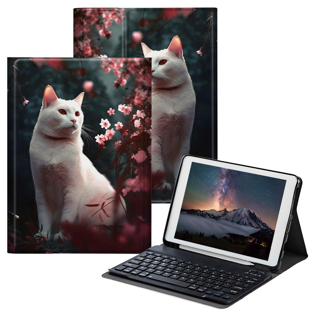 BPQOJB for iPad 9th Generation Case with Keyboard for iPad 8th/7th Generation Case 10.2 inch with Detachable Wireless Keyboard & Adjustable Stand Protect Tablet Cover - Cherry Blossom Tree White Cat