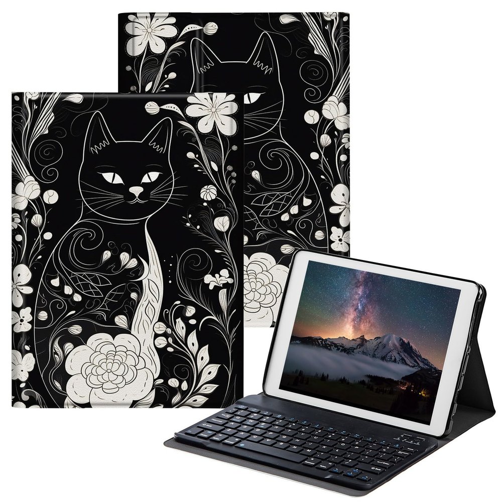 BPQOJB for Samsung Galaxy Tab S6 Lite Case 2022/2020 with Detachable Wireless Keyboard & Adjustable Stand Protect Tablet Case for Samsung Galaxy Tab S6 Lite 10.4 inch - Cat Flowers