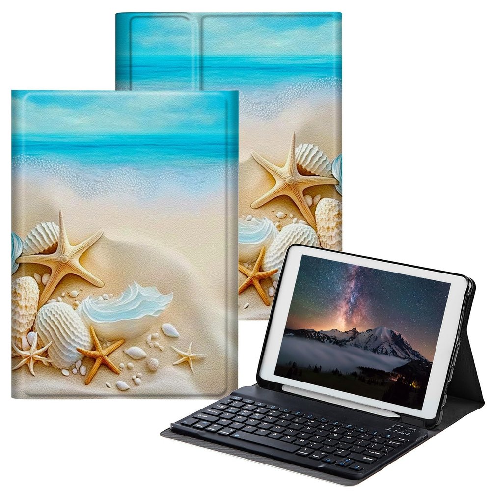 BPQOJB for iPad (A16) 11th Generation Case 11 inch 2025 for iPad 10th Generation Case 10.9 inch 2022 with Detachable Wireless Keyboard & Adjustable Stand Protect Tablet Cover - Seashell On Beach