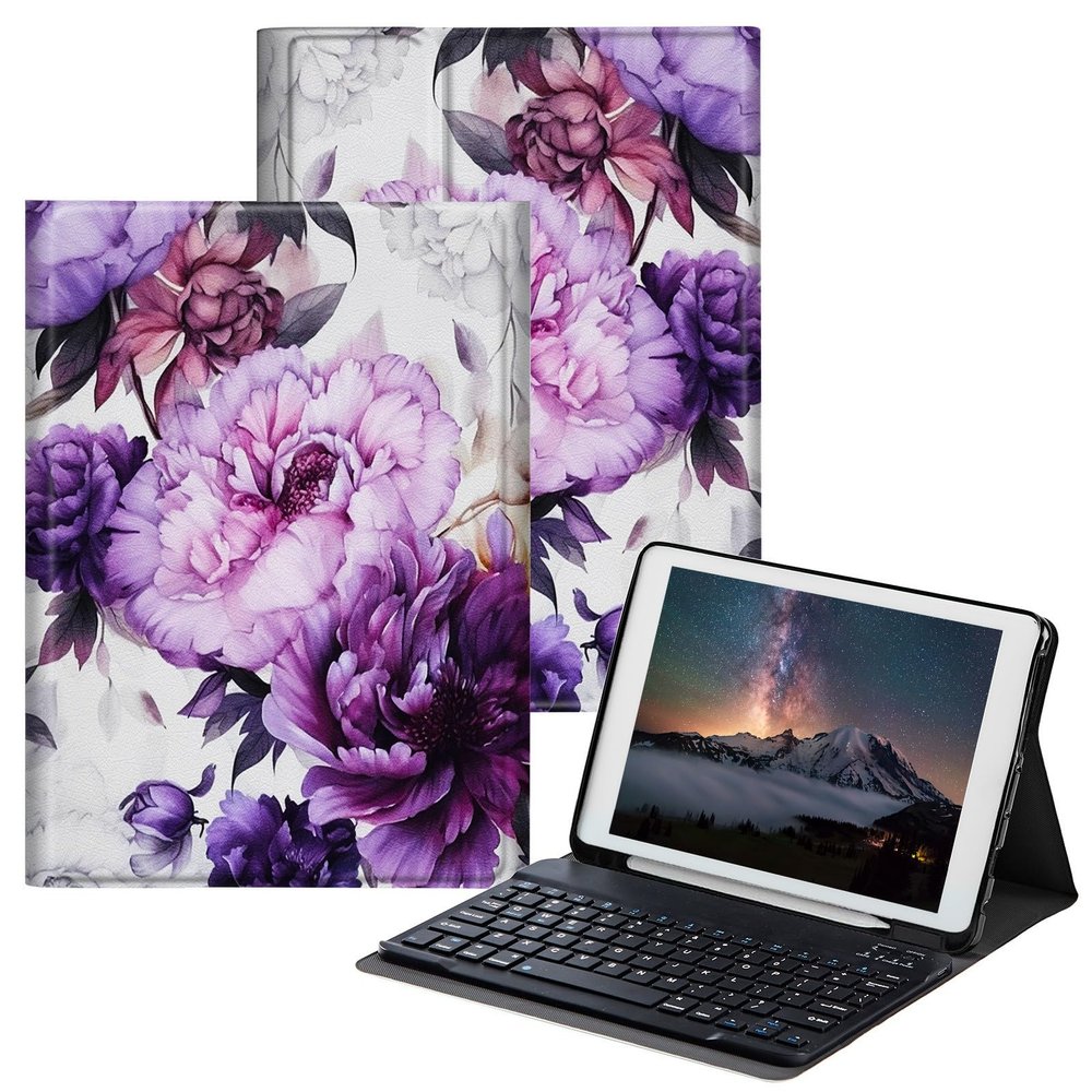 BPQOJB for iPad 9th Generation Case with Keyboard for iPad 8th/7th Generation Case 10.2 inch with Detachable Wireless Keyboard & Adjustable Stand Protect Tablet Cover - Purple Flowers