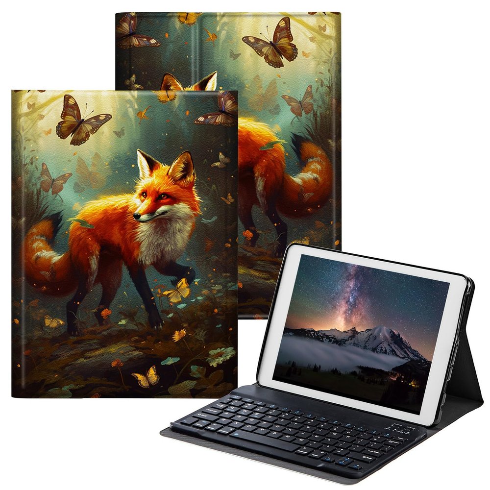 BPQOJB for Samsung Galaxy Tab A SM-T510 Case with Detachable Wireless Keyboard & Adjustable Stand Protect Cover Tablet Case for Samsung Galaxy Tab A 10.1 inch 2019 - Fox Butterflies in The Forest