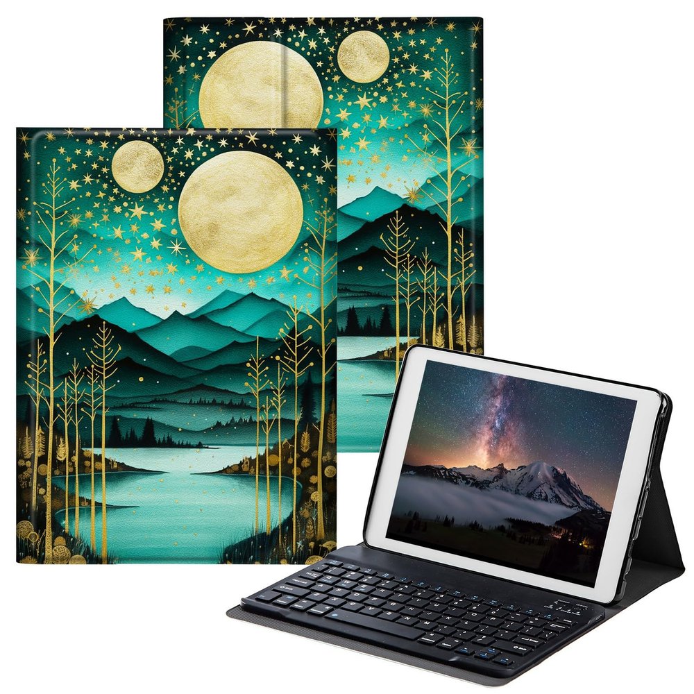 BPQOJB for Samsung Galaxy Tab A SM-T510 Case with Detachable Wireless Keyboard & Adjustable Stand Protect Cover Tablet Case for Samsung Galaxy Tab A 10.1 inch 2019 - Mountains Moon