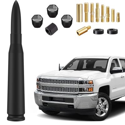 Car Truck Bullet Antenna with Valve Stem Caps Mast for GM Chevy Silverado 1500 2500 3500 HD Ford F150 F250 F350 Denali Heavy Pickup Truck Accessories (Black)-Car wash Safe-Anti Theft