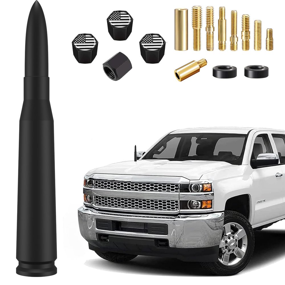 Car Truck Bullet Antenna with Valve Stem Caps Mast for GM Chevy Silverado 1500 2500 3500 HD Ford F150 F250 F350 Denali Heavy Pickup Truck Accessories (Black)-Car wash Safe-Anti Theft