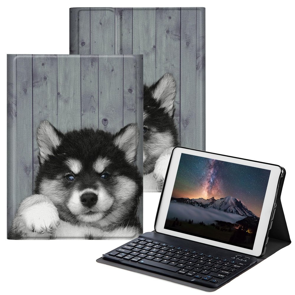 BPQOJB for Samsung Galaxy Tab A SM-T510 Case with Detachable Wireless Keyboard & Adjustable Stand Protect Cover Tablet Case for Samsung Galaxy Tab A 10.1 inch 2019 - Wood and Cute Dog