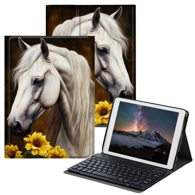 BPQOJB for Samsung Galaxy Tab S6 Lite Case 2022/2020 with Detachable Wireless Keyboard & Adjustable Stand Protect Tablet Case for Samsung Galaxy Tab S6 Lite 10.4 inch - Sunflowers White Horse