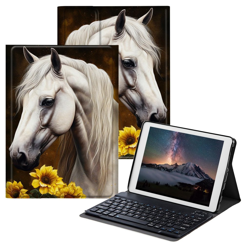BPQOJB for Samsung Galaxy Tab S6 Lite Case 2022/2020 with Detachable Wireless Keyboard & Adjustable Stand Protect Tablet Case for Samsung Galaxy Tab S6 Lite 10.4 inch - Sunflowers White Horse
