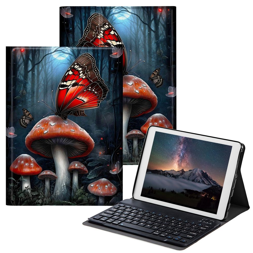 BPQOJB for Samsung Galaxy Tab A7 Lite Case with Detachable Wireless Keyboard & Adjustable Stand Protect Cover Tablet Case for Samsung Galaxy Tab A7 Lite 8.7 inch 2021 - Red Mushrooms and Butterflies