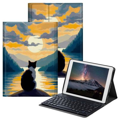 BPQOJB Galaxy Tab S7 FE Case Galaxy S8 Plus Case with Detachable Wireless Keyboard & Adjustable Stand Protect Tablet Cover for Samsung Galaxy Tab S8 Plus/S7 FE/S7 Plus - Cat in The Sunset