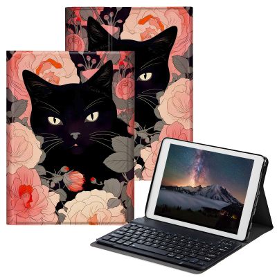 BPQOJB Galaxy Tab A8 10.5 Case with Detachable Wireless Keyboard & Adjustable Stand Protect Tablet Case for Galaxy Tab A8 10.5 inch 2022 - Floral Flower Black Cat