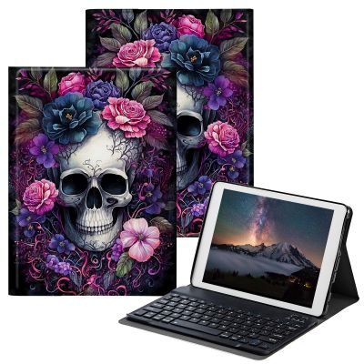 BPQOJB Galaxy Tab S7 FE Case Galaxy S8 Plus Case with Detachable Wireless Keyboard & Adjustable Stand Protect Tablet Cover for Samsung Galaxy Tab S8 Plus/S7 FE/S7 Plus - Skull Flower