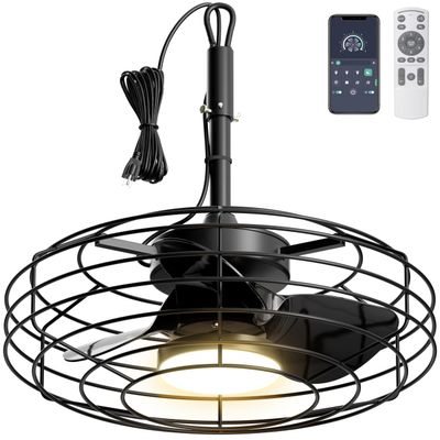 Coolbull Outdoor Ceiling Fans with Light for Patios, 20'' Wet Rated Gazebo Fan Remote&APP Control, Dimmable Hanging Fan with Plug in Cord for Pergola, Black